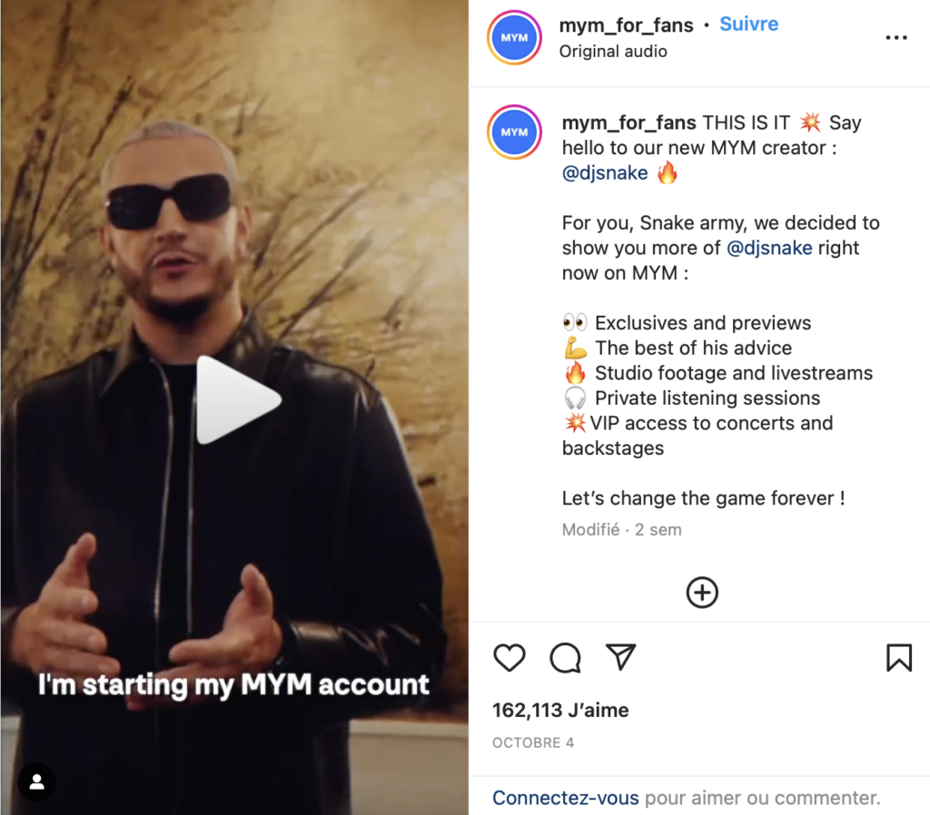 The announcement of the arrival of DJ Snake on MYM on Instagram 